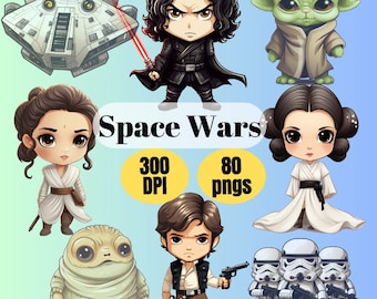 Puede incluir: Un conjunto de 80 ilustraciones digitales de estilo de dibujos animados de personajes de la franquicia Star Wars. Los personajes incluyen a Yoda, Rey, la princesa Leia, Han Solo, Kylo Ren y Stormtroopers. Las ilustraciones están en un estilo lindo y chibi y son perfectas para usar en proyectos digitales.