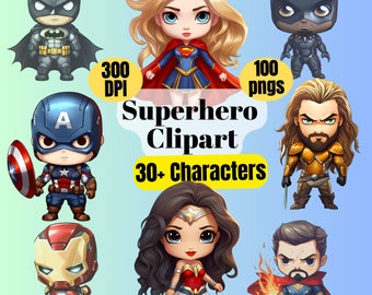 Paquete de imágenes prediseñadas de superhéroes: Vengadores, DC, Guardianes (100 PNG)