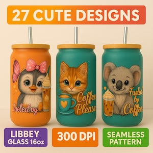 Cute Animals 16oz Glass Can Wrap Libbey Glass Tumbler Wrap Sublimation Full Digital Download Seamless Pattern PNG