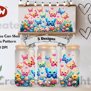 Butterflies Flowers 16oz Glass Can Wrap Libbey Glass Tumbler Wrap Sublimation Full Guardians Galaxy Digital Download Seamless Pattern PNG