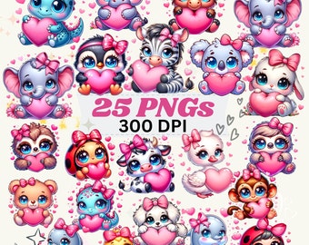 May include: A set of 25 digital clipart images featuring cute cartoon animals holding pink hearts. The animals include a zebra, penguin, sloth, cow, ladybug, elephant, dolphin, and more. The images are perfect for Valentine's Day crafts, scrapbooking, and other creative projects.