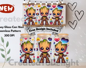 Baby Groot 16oz Glass Can Wrap Libbey Glass Tumbler Wrap Sublimation Full Guardians Galaxy Digital Download Seamless Pattern PNGl