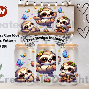 Baby Sloth 16oz Glass Can Wrap Libbey Glass Tumbler Wrap Sublimation Digital Download Seamless Pattern PNG