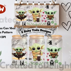 May include: Three clear glass 16oz cans with a seamless pattern featuring five different Baby Yoda designs. The designs include Baby Yoda holding a cup, sitting, and in a spaceship. The cans have a bamboo lid and a straw.