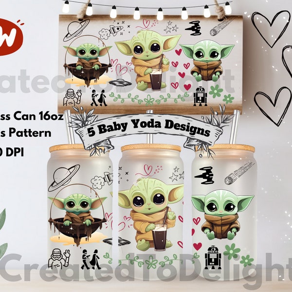 Baby Yoda 16oz Glass Can Wrap Halloween Libbey Glass Tumbler Wrap Sublimation Full Guardians Galaxy Digital Download Seamless Pattern PNG