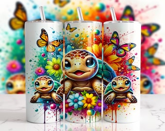 Envoltura para vaso de tortuga bebé: Diseño floral de sublimación (descarga digital)