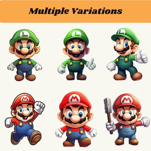 Puede incluir: Seis personajes de dibujos animados, tres verdes y tres rojos, con diferentes poses y expresiones. Los personajes verdes tienen una letra L en sus sombreros y los personajes rojos tienen una letra M en sus sombreros. Los personajes llevan todos monos y tienen ojos grandes y bigotes.