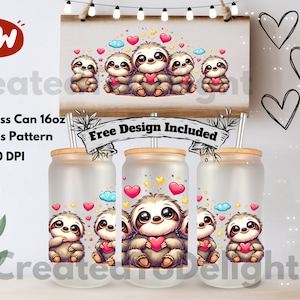 Baby Sloth 16oz Glass Can Wrap Libbey Glass Tumbler Wrap Sublimation Digital Download Seamless Pattern PNG
