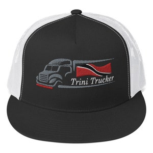 May include: Black trucker hat with a white mesh back. The hat features an embroidered design of a semi-truck and the Trinidad and Tobago flag, with the text "Trini Trucker" in white.