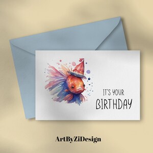 魚の誕生日カード | 印刷可能な誕生日カード | 水彩画の誕生日カード | 魚のカード | デジタル