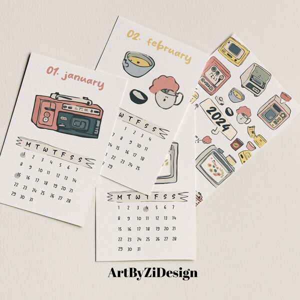 2024 Mini Calendar Monthl Retro Illustration | Printable Cute Minimalist Mini Desk Calendar | Vintage USA Planner Monday Start | Digital