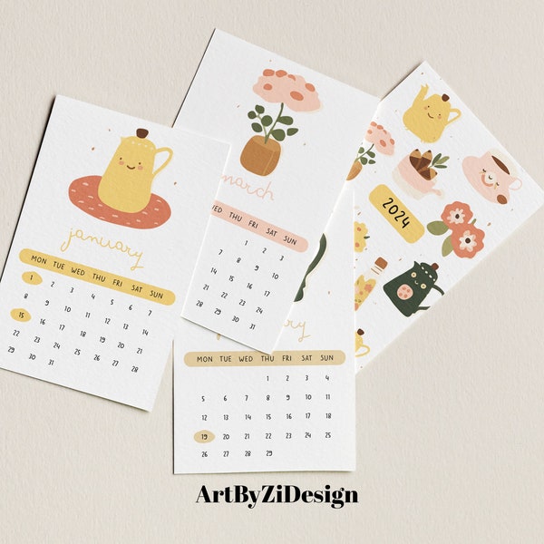 2024 Mini Calendar Monthly Illustration | Printable Cute Minimalist Mini Desk Calendar | Yellow Pink Planner Monday Start | Digital