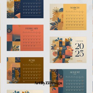 Calendario imprimible 2025 de 7 x 5 pulgadas con ilustración mensual / Lindo mini calendario de escritorio minimalista / Planificador retro de EE. UU. con inicio de lunes / Digital