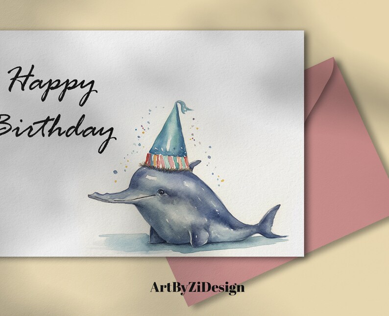 Cute Dolphin Birthday Card Printable Birthday Card for Kid Watercolor ...