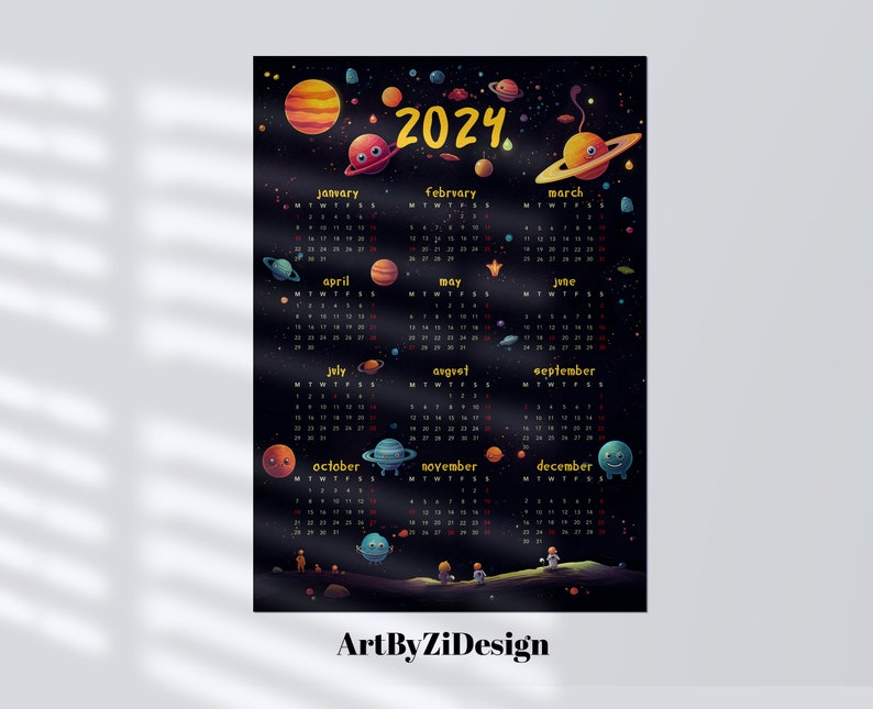Calendar 2024 Printable One Page, Yearly Space Alien Calendar 2024