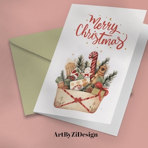 Aguarela do cartão do Natal | Cartão bilateral | Download digital para impressão