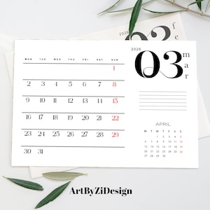 Printable 2026 Calendar Monthly Minimalist | Planner Monthly Calendar in A4 | Monday Start with Note and Next Month | Digital