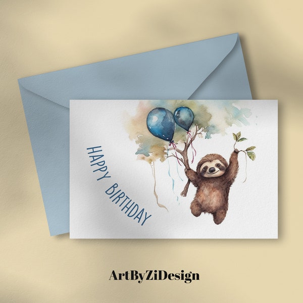 Cute Sloth Birthday Card | Printable Birthday Card for kid | Watercolor Birthday Card | Balloon Card | Digital