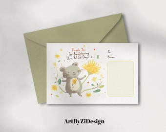 Cute End of year Teacher Gift Postcard Printable | Appreciation Thank Teacher Card watercolor flower animal  | Graduation End of School Card