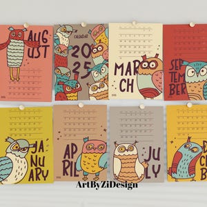 Calendario mensual 2025 de 5 x 7 pulgadas con ilustración de búho / Calendario de escritorio minimalista lindo / Planificador retro de EE. UU. con inicio el lunes / Imprimible digitalmente
