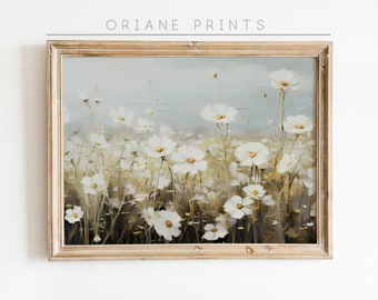 Spring Flower Field Landscape Printable Art, Country Field Flower Meadow Oil Painting, Vintage Farmhouse Floral Wall Art, Digital Download