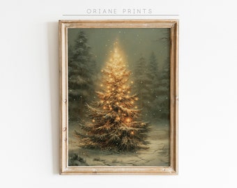Peut inclure: Une peinture encadrée représentant une scène de forêt enneigée avec un sapin de Noël lumineux au centre. L'arbre est décoré de lumières et est entouré de grands arbres enneigés. La peinture a un aspect vintage et est parfaite pour ajouter une touche de joie des fêtes à votre maison.