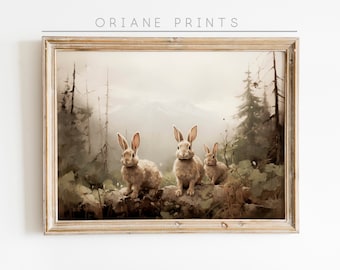 Arte de pared imprimible de conejitos de Pascua, pintura de animales de conejo temperamental, conejito de Pascua de primavera, decoración de vivero, liebres en la montaña, impresión digital