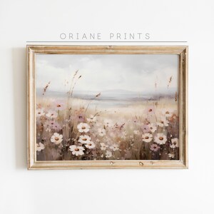 Printable Vintage Spring Meadow Painting, Rustic Country Field Artwork, Summer Floral Landscape Art, Wildflower Field Landscape Oil Painting