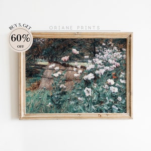 French Country Garden Vintage Painting, farmhouse oil painting, Antique Flower Garden Painting, Cottagecore Decor, Printable Download