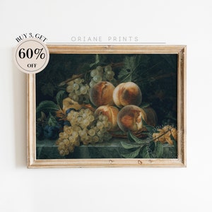 Peaches Still Life Painting, Vintage Rustic Kitchen Decor, Printable Fruit Art, Fruit Peach Printable Wall Art, Country Fruit, Grapes Still