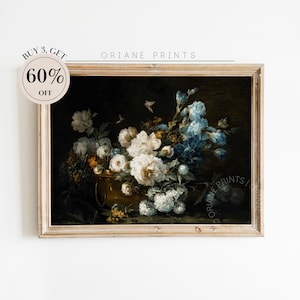 Moody Vintage Flower Print, Moody Still Life Flower Art, Pintura al óleo de bodegones florales oscuros, Decoración de granja digital, Arte digital IMPRIMIBLE