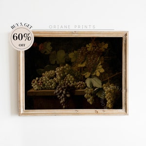 Vintage Kitchen Still Life Painting, Moody Grapes Art Print, Printable Country Fruit Painting, Kitchen Decor, Vintage Fruit Still life
