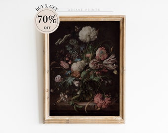 Moody Floral Still Life Oil Painting, Vintage Flower Print, Dark Academia Decor, Moody Dark Printable Art Print, Farmhouse Decor Digital