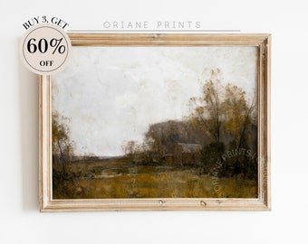 Printable Vintage Cottage Landscape Painting, Country Landscape Art Print, Rustic Farmhouse Wall Decor, Autumn Painting, Digital Download