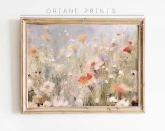 Spring Flower Print, Flower Field Landscape Art Print, Flower Meadow Oil Painting, Printable Flower Field Summer Print, Digital Download