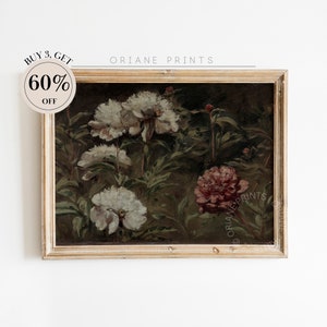 Moody Floral Print, Peony Still Life Oil Painting, Dark Botanical Print, Dark Cottagecore, Moody Dark Flower print, Printable Wall Art