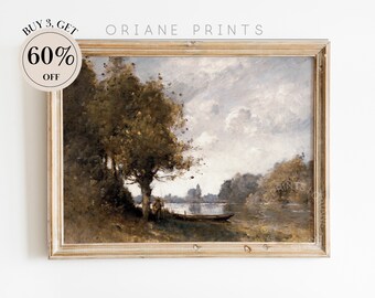 Vintage Pond Landscape Painting, Vintage Wall Art, Cottagecore Fall Art, Landscape Art Print, Autumn Decor, Printable Digital Download