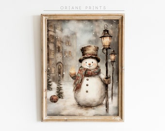 Arte da parete stampabile con pupazzo di neve felice, pittura natalizia, arredamento Cottagecore, arte invernale di decorazioni natalizie, decorazioni per la casa invernale, decorazioni per pupazzi di neve