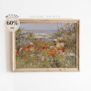 Wildflowers by the Sea Art Print, Digital Download, Spring Floral Art Print, Vintage Farmhouse Decor, Vintage Landscape Field Print, Spring