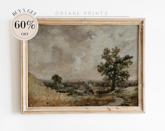 Rustic Landscape Country Farmhouse Painting, Printable Landscape Art Print, Warm Tone Print, Country Road Wall Decor, Digital Download