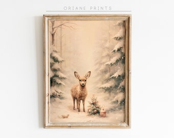 Baby herten in de winter print, besneeuwde bos muur kunst herten schilderij, boerderij kerst kunst aan de muur, afdrukbare kerst decor, baby herten print