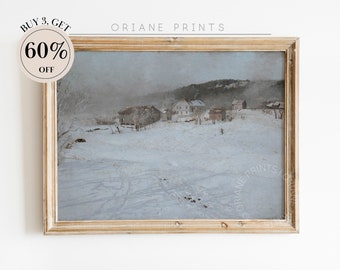 Pintura de paisaje de invierno, impresión de invierno vintage, impresión de arte nevado, arte navideño vintage, arte de granja nórdica de Navidad, arte de pared imprimible