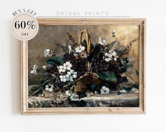 Basket Flowers Still life, Dark Academia Print, Moody Wall Art, Dark Cottagecore, Antique Oil Painting, Moody Dark Flower print, Digital Art