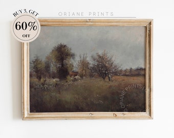 Rustic Landscape Country Farmhouse Painting, Country Field Landscape Oil Painting, Vintage Farmhouse, Printable Landscape Art, Digital Art