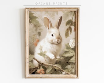 Dipinto vintage di piccolo coniglio, decorazione pasquale in stile cottage, stampa di coniglietto pasquale, arte murale con animali, poster vintage stampabile, arte murale per la cameretta dei bambini
