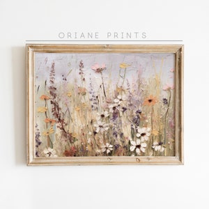 Spring Wildflower Vintage Landscape Oil Painting, Country Farmhouse Spring Decor, Printable Wildflower Landscape Art Print, Digital Download