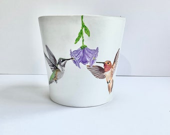 Custom painted white, hummingbird, terracotta planter