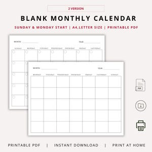 Blank Monthly Calendar | Printable PDF | Undated Monthly Planner |  A4 & Letter Size Minimalist Blank Calendar Landscape| Instant Download