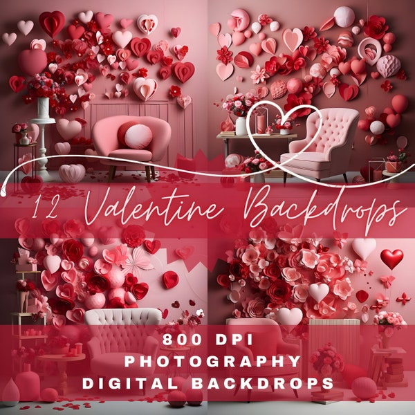 Valentines Digital Download Backdrops 12 High Quality 800 DPI Paper Floral Heart Chair Background Overlays Maternity Fine Art Photography