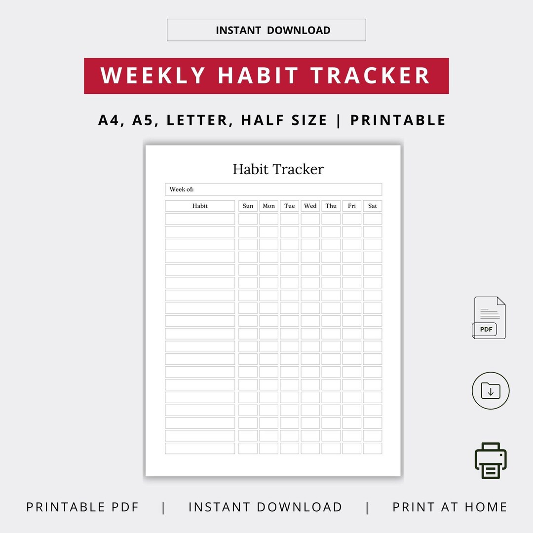 Weekly Habit Tracker Printable PDF, A4 A5 Letter Half Size ...